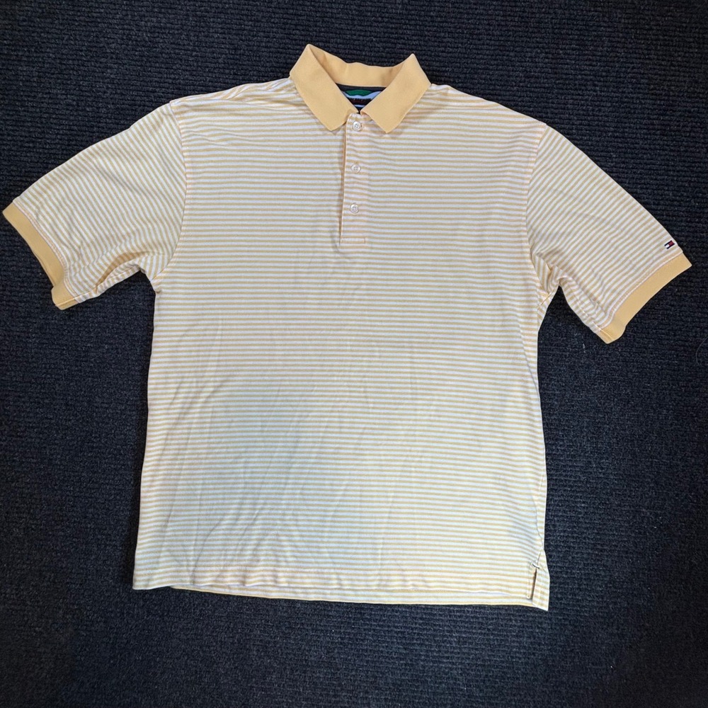 Tommy Hilfiger Golf Mens M Yellow White Striped Techno-Dry Polo Shirt Short Sllv